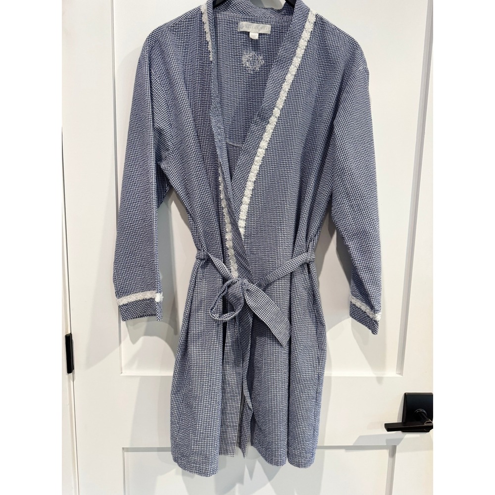 Eileen West Blue White Gingham Robe Floral Lace Trim Cotton Blend Large country